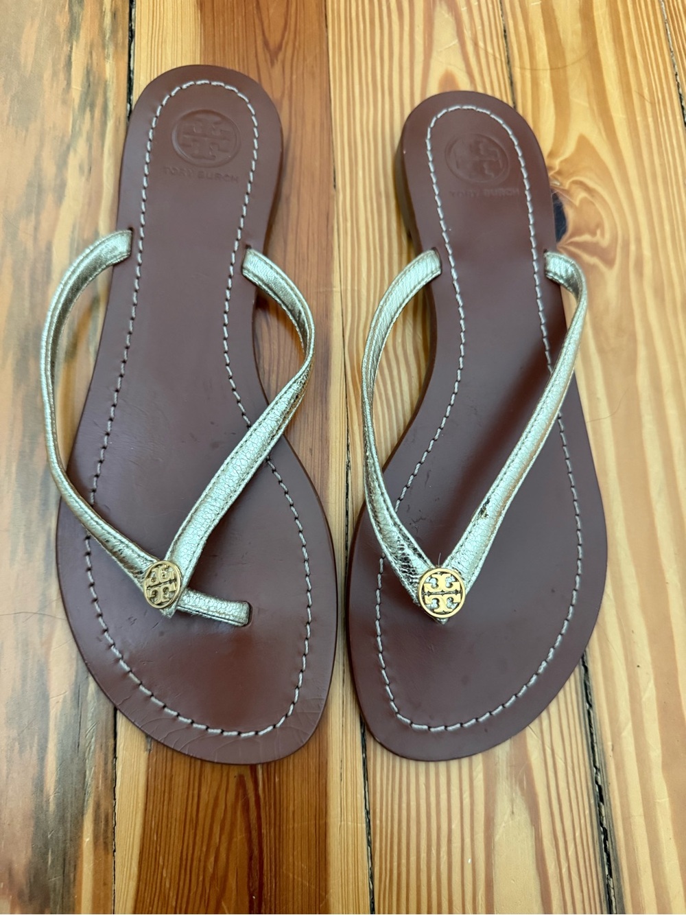 Tory Burch Metallic Gold Strap Brown Footbed Thong Sandals